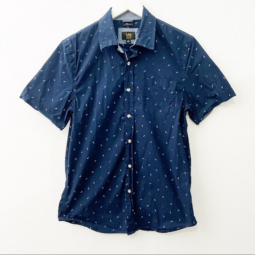 Lee Stretch Regular Fit Anchor Print Button Down Shirt Navy M